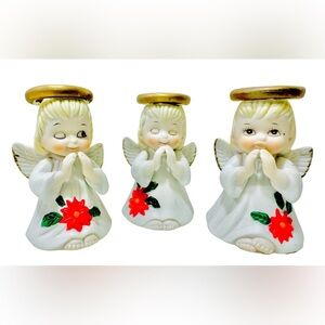 Vintage 1960's Praying Christmas Angels Bisque Porclain Poinsettias On Gown Set